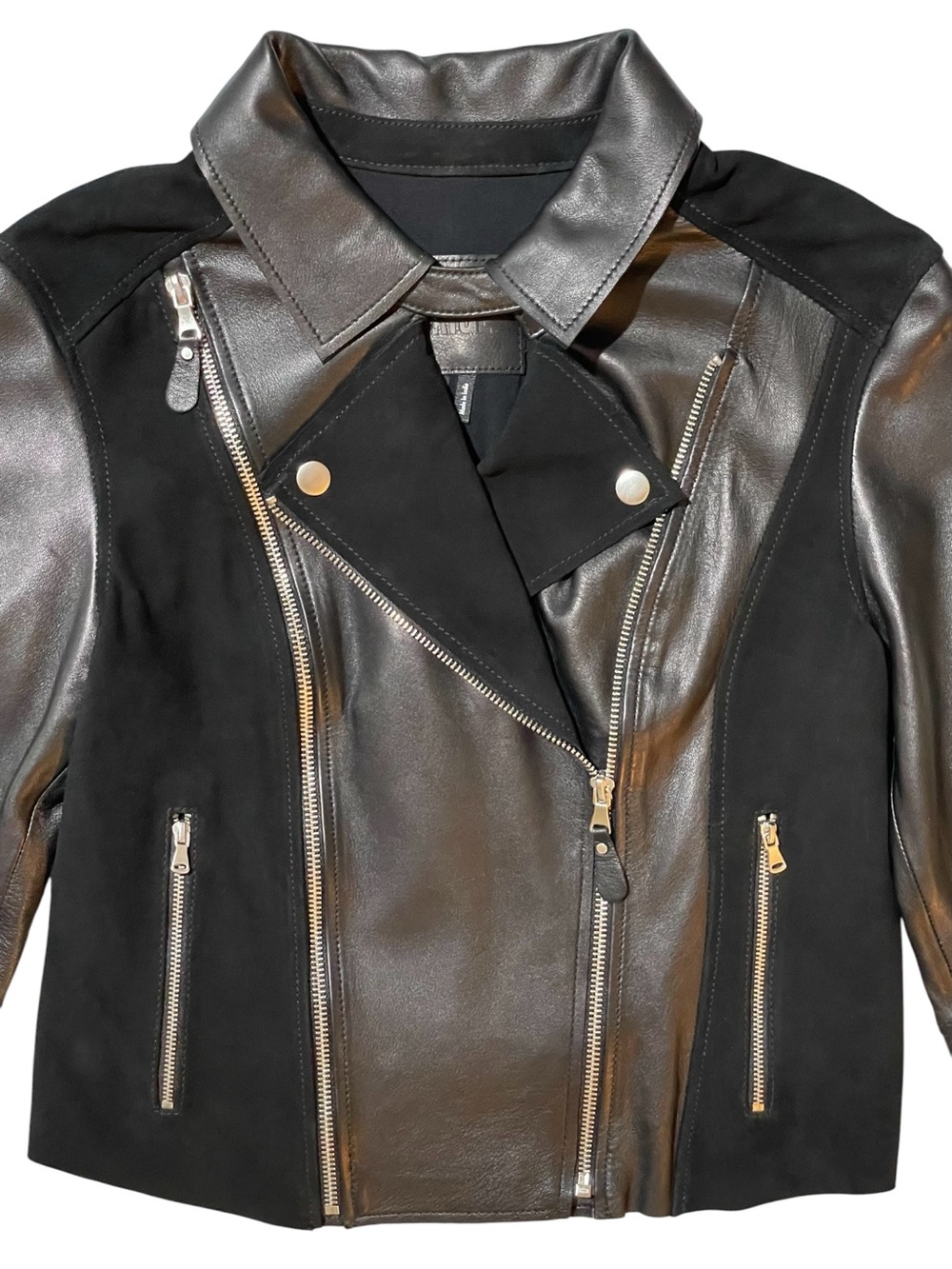 PAIGE Silvie Black Leather Suede Contrast Cropped Moto Jacket XS - Picture 4 of 12